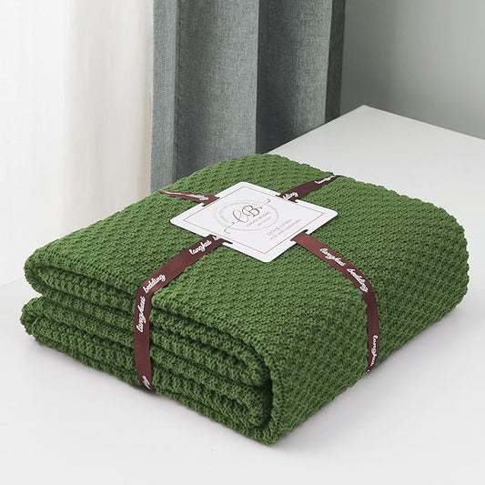Longhui bedding Olive Green Knitted Throw Blanket for Couch, Soft, Cozy Machine Washable 100% Cotton Sofa Knit Blankets, Heavy 4.0lb Weight, 60 x 80 Inches, Olive Green Color.
