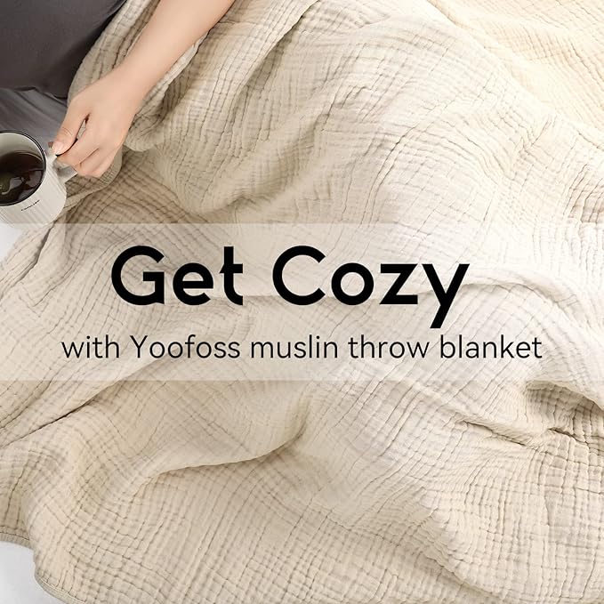 Yoofoss Muslin Blanket 100% Cotton Throw Large 50" x 60" for Bed Couch Summer Gauze Blanket for Adults Lightweight and Breathable Apricot White