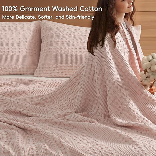 PHF 100% Cotton Waffle Weave Blanket King Size, Soft Lightweight Breathable Cozy Summer Blankets for Bed, Luxury Aesthetic Woven Bedding for Home Decor, 108"x90", Pink/Mauve