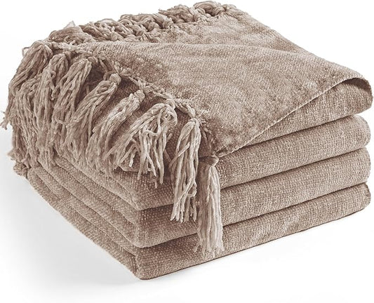 Chenille Throw Blanket for Couch 60"X 80" Twin, Soft Cozy Throws with Fringe Tassel for Bed Sofa Chair, Lightweight Knitted Decorative Farmhouse Boho Blankets for Gift, Taupe