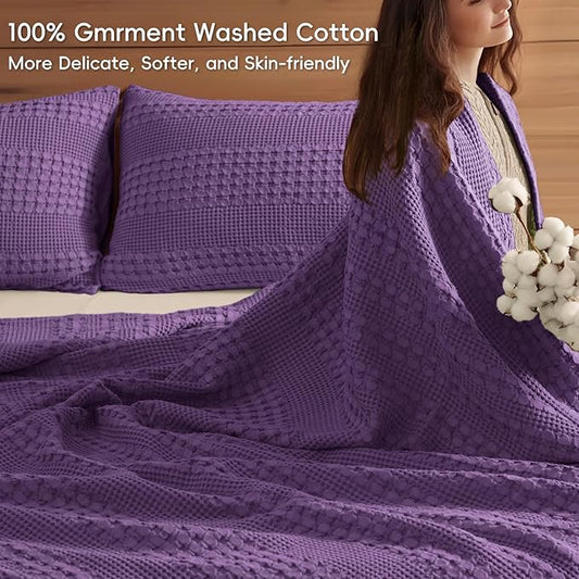PHF 100% Cotton Waffle Weave Blanket Queen Size, Soft Lightweight Breathable Cozy Summer Blankets for Bed, Luxury Aesthetic Woven Bedding for Home Decor, 90"x90", Grape Purple