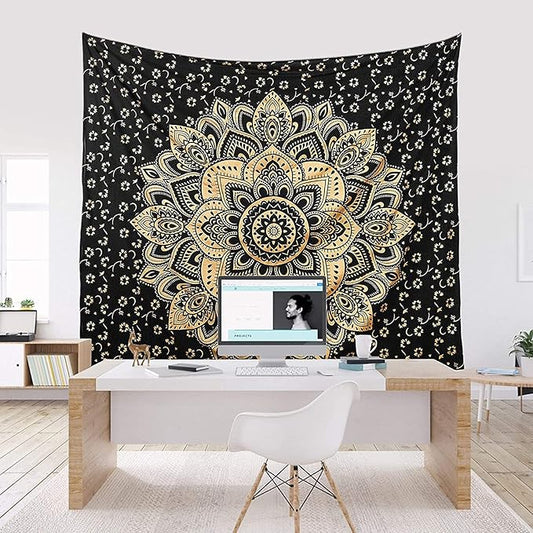 Rajsee Gold Mandala Tapestry - Boho Bedroom Aesthetic - Trippy Large Wall Hanging - Black Gold Wall Art 82x92 Inches