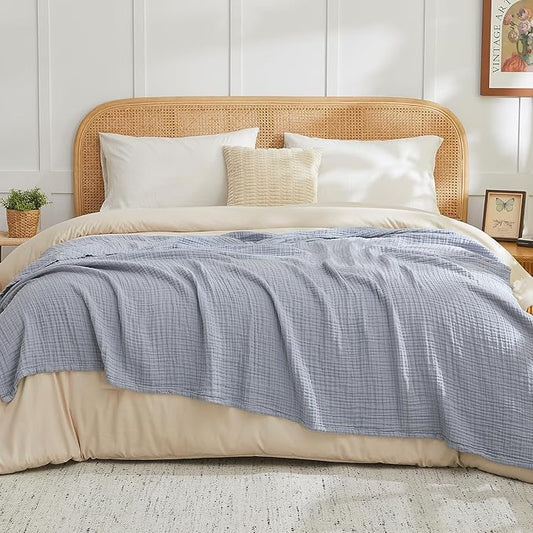EMME Cotton Muslin Queen Blanket Bed Layering Breathable Gauze Blanket Soft Lightweight Blankets Adults (Dusty Blue, 90"x90")