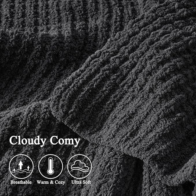 PHF Chenille Waffle Knit Blanket Twin Size- Plush Warm & Cozy 60" x 80" Ultra Soft Blanket- Chunky Fluffy Waffle Bedding for Home Decor - Charcoal Grey