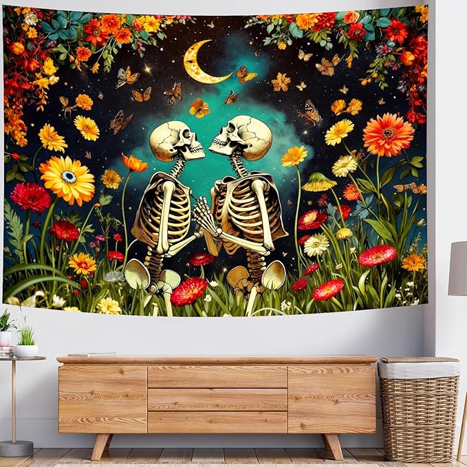 Delur Floral Skeleton Lovers Tapestry Gothic Romantic Skull Vintage Flower Plant Tapestry Wall Hanging Abstract Mushroom Moon Garden Headboard for Bedroom Living Room Home Decor (70.8" x 92.5")
