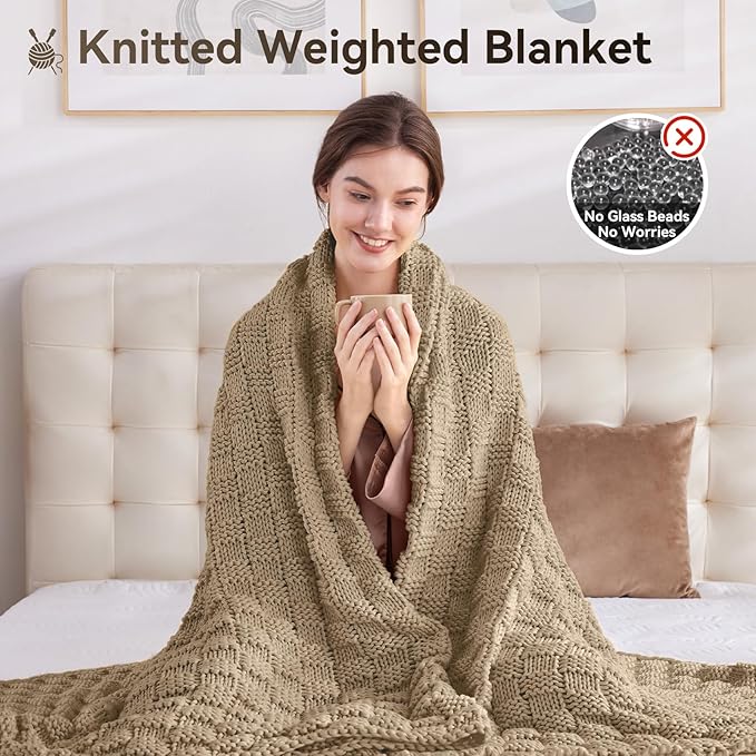Knitted Weighted Blanket for Adult, No Beads Heavy Blanket 70” x 90'' 20lbs, Breathable Chunky Knit Blanket, Cooling Weighted Blanket for Hot Sleepers, Christmas Home Decor (Camel)