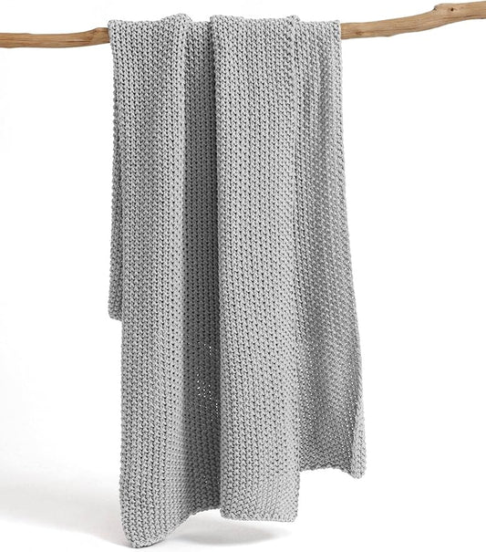 Chunky Cotton Knit Throw Blanket, Light Weight Cable Knit Throws for Bed Couch Sofa, Comfy & Relaxing, Decorative Piece for Farmhouse Rustic Scandinavian Chic Vibe, Silver Grey 50x60 Inches