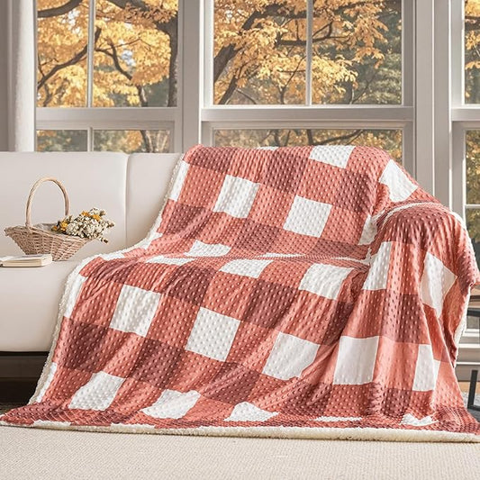 PU MEI Sherpa Blanket Fleece Throw Blanket Full Queen Plaid Thick Bed Blanket, Soft Warm Cozy Orange Checkered Throw Blanket 80"*90"