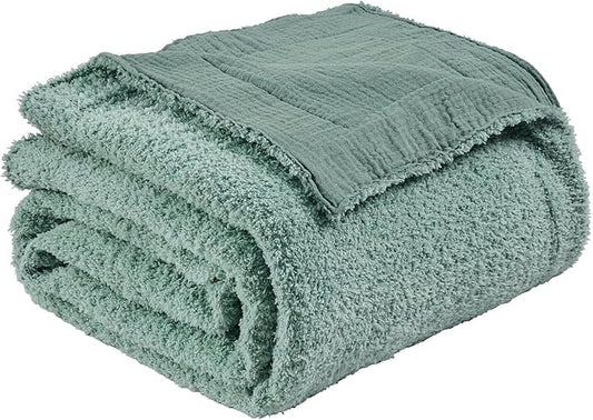 EMME Muslin Cotton Fleece Twin Blanket Reversible - 60"*80" Teal Soft Warm Throw Blankets for Couch Bed Picnic Travel Bed