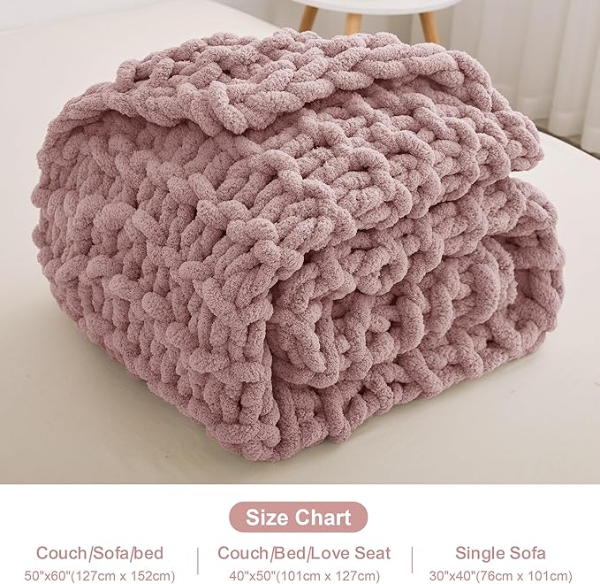 Knit Blanket 50"x60" Pink Cream Soft Washable Chenille Throw Blanket Cozy 100% Handmade Crochet Blankets with Jumbo Chenille Yarn for Couch Bed Sofa Room Decor