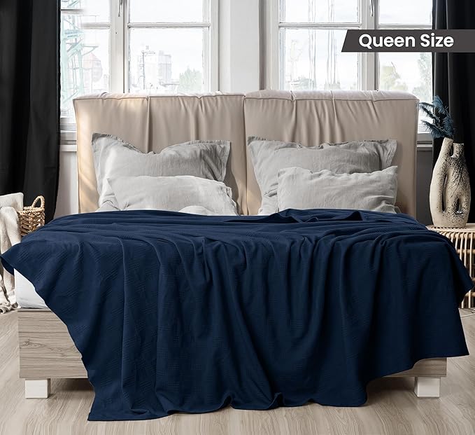 Utopia Bedding Navy 100% Cotton Blanket [Queen Size - 90x90 Inch] 350GSM Lightweight, Soft and Breathable Thermal Blanket for All Seasons