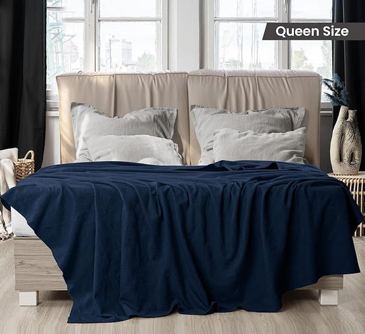 Utopia Bedding Navy 100% Cotton Blanket [Queen Size - 90x90 Inch] 350GSM Lightweight, Soft and Breathable Thermal Blanket for All Seasons