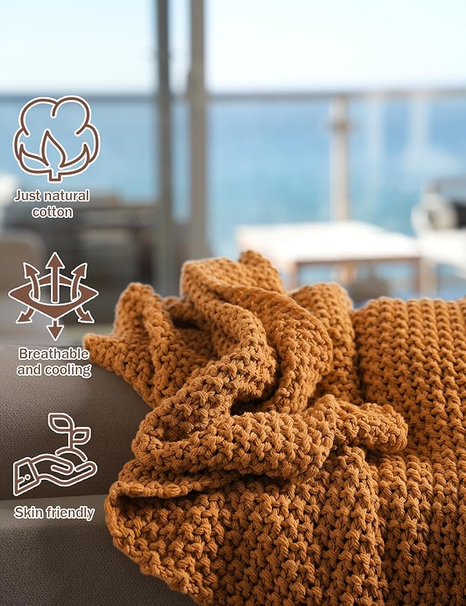 Chunky Cotton Knit Throw Blanket, Light Weight Cable Knit Throws for Bed Couch Sofa, Comfy & Relaxing, Decorative Piece for Farmhouse Rustic Scandinavian Chic Vibe, Turmeric Yellow 50x60 Inches