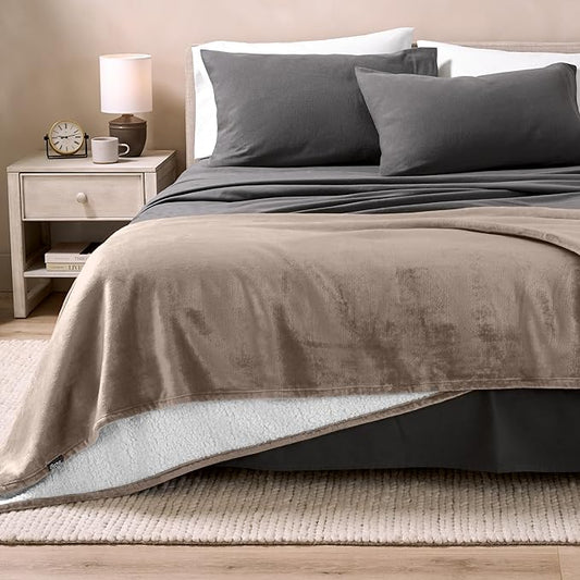 Bare Home Sherpa Fleece Blanket - King Size - Blanket for Bed, Sofa, and Couch - Warm & Lightweight - Fluffy & Soft - Reversible (King, Taupe)