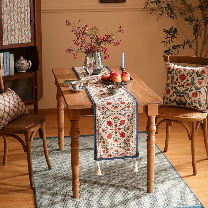 patdrea Designer Vintage Bright Farmhouse Linen Table Runner 102 Inch Long, Maroon Floral Pattern Table Mat, Decoration for Kitchen Dining Table Coffee Table Cabinet Banquet Christmas ,12"*102"