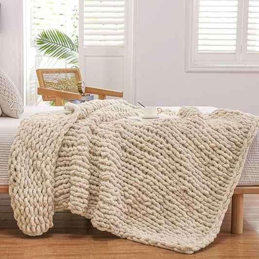WESHIONGOO Chunky Knit Blanket Throw Knitted Throw Blankets for Couch Bed Fluffy Soft Blanket with Jumbo Chenille Yarn Thick 100% Handmade (Linen, 50"×60")
