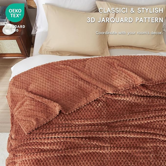 PHF Ultra Soft Flannel Fleece Blanket Queen Size, Lightweight 3D Jacquard Fleece Blanket, No Shedding, No Pilling, Luxury 340GSM Aesthetic Fluffy Cozy for Bed Room Decor, 90"x90", Burnt Umber