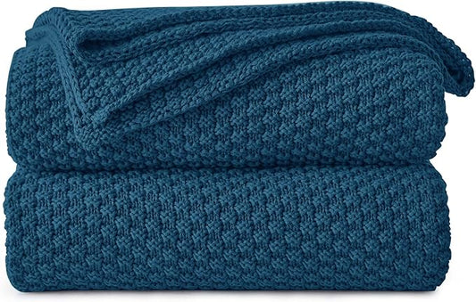 Longhui bedding Blue Knitted Throw Blanket for Couch, Soft, Cozy Machine Washable 100% Cotton Sofa Knit Blankets, Heavy 4.0lb Weight, 60 x 80 Inches, Laundry Bag Included
