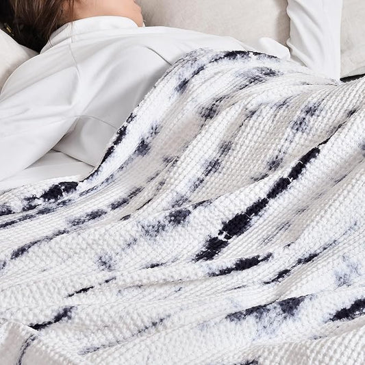 PHF 100% Cotton Tie-dye Waffle Weave Blanket King,Soft Breathable Skin-Friendly Durable Layering for All Season, Manual Elegant Delicate Pattern for Bed, Home Decor, Couch,Tie Dyed Charcoal, 104x90
