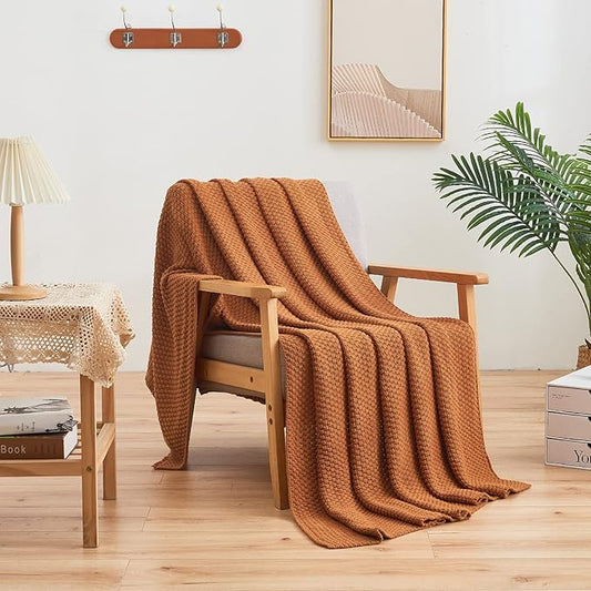 Longhui bedding Burnt Orange Knitted Throw Blanket for Couch, Soft, Cozy Machine Washable 100% Cotton Sofa Knit Blankets, Heavy 4.0lb Weight, 60 x 80 Inches, Laundry Bag Included