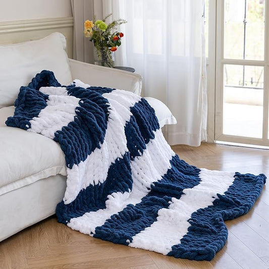 Chunky Knit Blanket - Luxury Soft Cozy Queen Size(50 * 60) Throw Blanket,100% Woven Blanket Rope Knot Throw Blanket for Couch, Sofa, Home Decor, Gift - Machine Washable（White/Deep Blue）