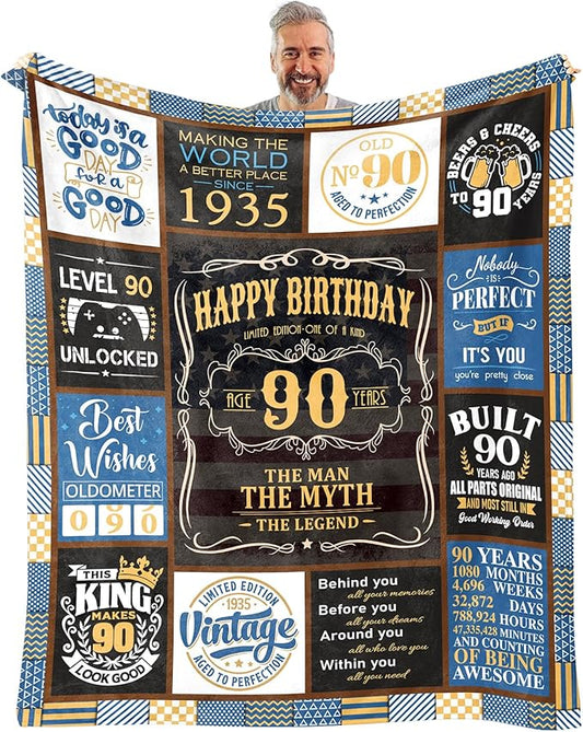 90th Birthday Blanket 60 x 50 inch - 90th Birthday Gifts for Men - 90 Year Old Birthday Gifts for Men - Best Gifts for 90 Year Old Man - 1935 Birthday Gifts - 90 th Birthday Gift Ideas