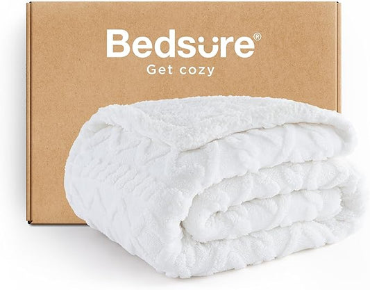 Bedsure Sherpa Fleece Blanket Twin Size for Bed - Fuzzy Soft Cozy Cable Throw for Couch, Thick Warm Blankets for Winter, White, 60x80 Inches