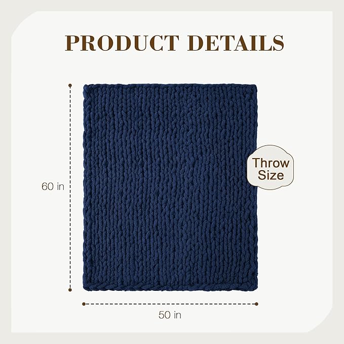 Carriediosa Chunky Knit Throw Blanket 50" X 60", 100% Hand Made Large Chenille Loop Yarn Soft Fluffy Throws for Couch Sofa Bed, Big Crochet Cozy Heavy Thick Cable Woven Blankets, Navy Blue
