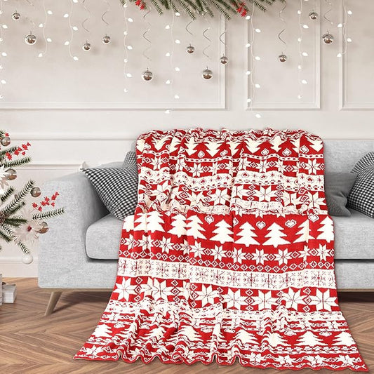 Red Christmas Throw Blanket for Couch, Fluffy Fleece Cozy Soft Blanket, Xmas Fuzzy Thick Throw Blanket for Bed Sofa and Gift (50" X 60", Red Reindeer)