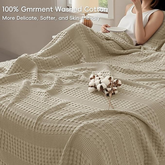 PHF 100% Cotton Waffle Weave Blanket Queen Size, Soft Lightweight Breathable Cozy Summer Blankets for Bed, Luxury Aesthetic Woven Bedding for Home Decor, 90"x90", Khaki