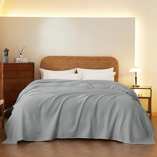 100% Cotton Waffle Blanket (Light Grey - Twin Size - 66 * 90''), Pre-Washed and Anti-Shrinkage Soft Lightweight Bed & Couch Blanket, 380 GSM Waffle Weave Throw Blanket for All Seasons