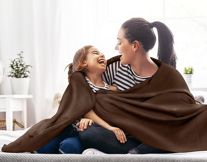 Utopia Bedding Brown 100% Cotton Blanket [Queen Size - 90x90 Inch] 350GSM Lightweight, Soft and Breathable Thermal Blanket for All Seasons