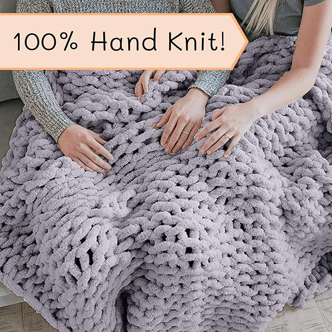 Adyrescia Chunky Knit Blanket Throw | 100% Hand Knit with Jumbo Chenille Yarn (60"x80", Lilac Gray)