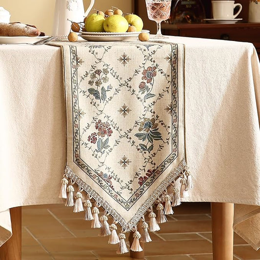 patdrea Designer Vintage Floral Linen Table Runner 71 Inch Long, Beige Cottage Rustic Bouquets Pattern Table Mat,Decor for Kitchen Dining Coffee Table Shelf Cabinet Banquet Christmas ,12"*71"