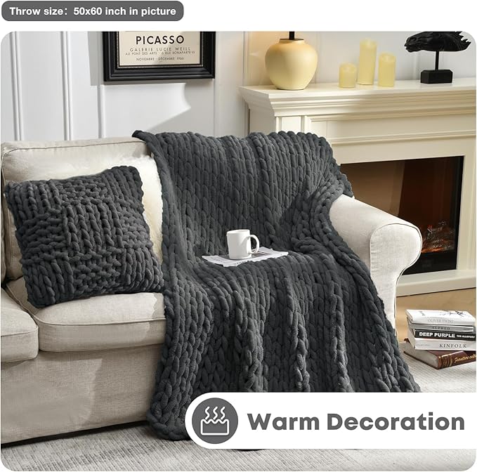 Soft Chunky Knit Blanket, 50X60 in Handmade Thick Chenille Yarn Throw Without Shedding & Raveling, Aesthetic & Cozy Home Decor with Couch Sofa Bed, Gift Pack, Dark Grey