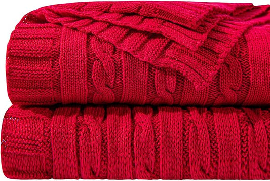 NTBAY 100% Pure Cotton Oversize (60x80) Cable Knit Throw Blanket, Super Soft Warm Knitted Throw Blanket for Bed, Sofa, Chair, Couch - Extra Cozy, Machine Washable, Comfortable Home Decor, Red