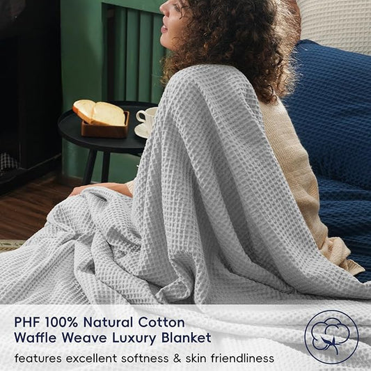 PHF Pre-Washed Cotton Waffle Weave Blanket King Size for Bed,Snag Proof Throw Blanket for Couch Spring Summer Lightweight Breathable,Oeko-TEX Certified,Machine Washable,Home Decor Gift，Light Grey