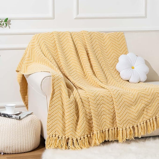 BATTILO HOME Gold Throw Blanket for Couch, Fall Decor Blankets & Throws, Fall Throw Blanket for Autumn Halloween Decoration, Yellow Blanket with Tassels for Bed Sofa, 50"x60"