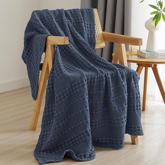 PHF 100% Cotton Waffle Weave Throw Blanket, Soft Lightweight Breathable Cozy Summer Throws for Couch Bed Sofa, Luxury Aesthetic Woven Blanket for Home Decor & Office, 50"x60", Dark Navy
