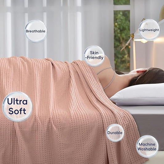 PHF Lightweight Waffle Weave Blanket Queen Size, Breathable & Ultra Soft, 90"x 90" Soft & Cozy Thin Blanket, Perfect for Summer & Hot Sleepers, Bed, Home Decor - Rose Pink
