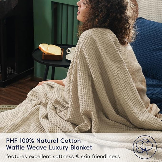 PHF Pre-Washed Cotton Waffle Weave Blanket King Size for Bed,Snag Proof Throw for Couch Spring Summer Lightweight Breathable,Oeko-TEX Certified,Machine Washable, Home Decor Gift-Khaki/Simply Taupe