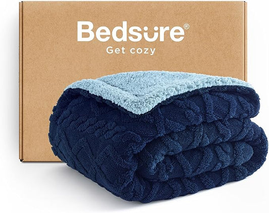 Bedsure Sherpa Fleece Blanket Twin Size for Bed - Fuzzy Soft Cozy Cable Throw for Couch, Thick Warm Blankets for Winter, Navy, 60x80 Inches