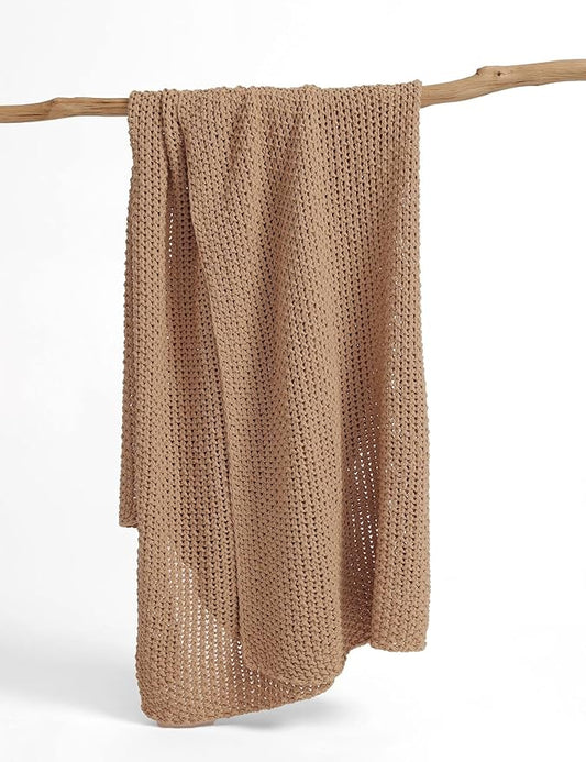 Chunky Cotton Knit Throw Blanket, Light Weight Cable Knit Throws for Bed Couch Sofa, Comfy & Relaxing, Decorative Piece for Farmhouse Modern Rustic Scandinavian Chic Vibe, Beige 60x80 Inches