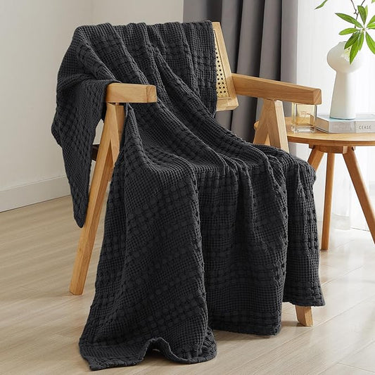 PHF 100% Cotton Waffle Weave Throw Blanket, Soft Lightweight Breathable Cozy Summer Throws for Couch Bed Sofa, Luxury Aesthetic Woven Blanket for Home Decor & Office, 50"x60", Black