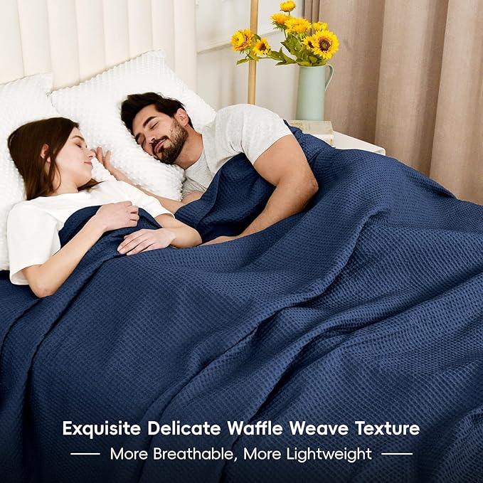 PHF Pre-Washed Cotton Waffle Weave Blanket Twin Size for Bed,Snag Proof Throw for Couch Spring Summer Lightweight Breathable,Oeko-TEX Certified,Machine Washable,Home Decor Gift-Bright Navy Blue