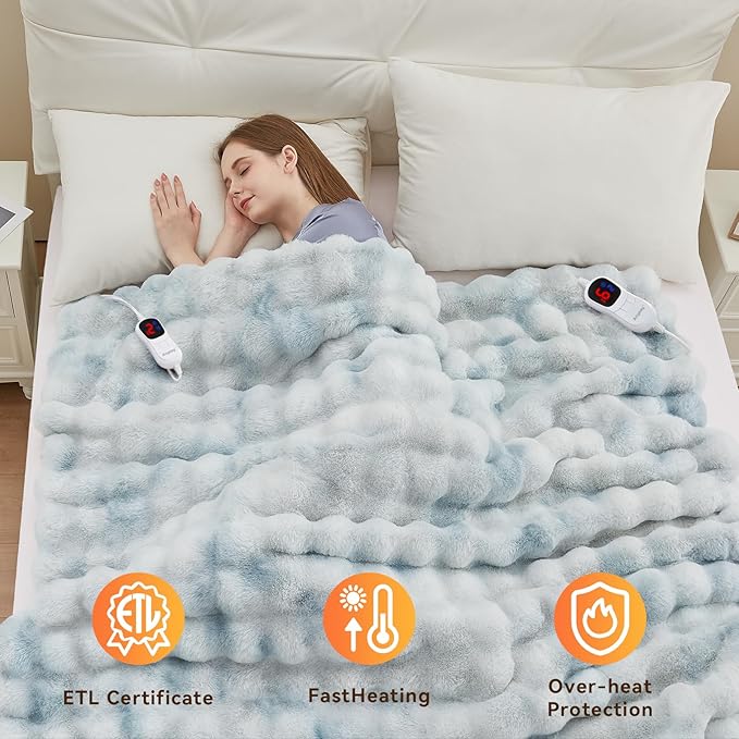 Heated Blanket Throw with 1/2/4/6/8 Hours Auto-Off 10 Heat Level, 90'' * 100'' Cozy Faux Rabbit Fur Bubble Electric Blanket with Overheat Protection(Blue)