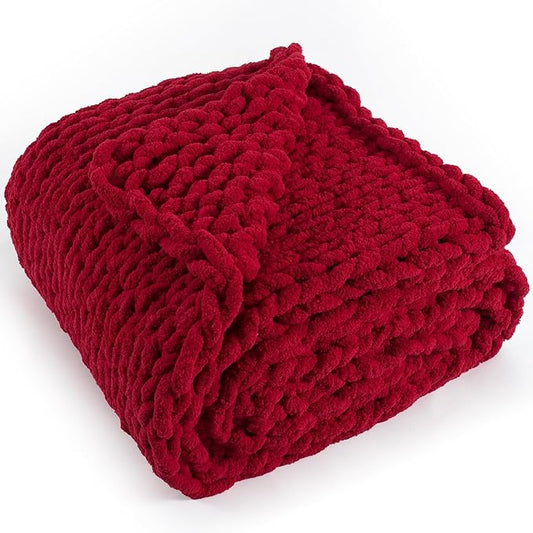 Chunky Knit Throw Blanket 60"X 80", 100% Handmade with Soft Chenille Yarn, 4.4lbs Thick Cable Knitted Blankets, Large Rope Knot Crochet Throws for Couch Sofa Bed Home Decor, Red