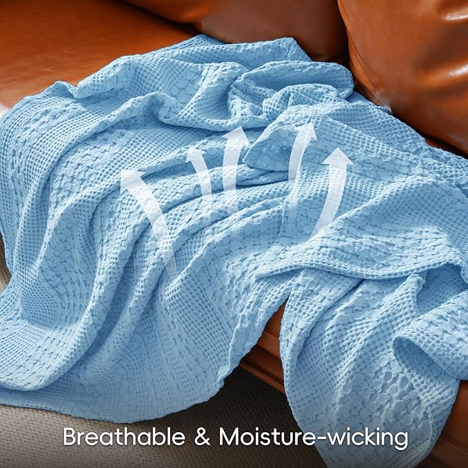PHF 100% Cotton Waffle Weave Blanket Queen Size, Soft Lightweight Breathable Cozy Summer Blankets for Bed, Luxury Aesthetic Woven Bedding for Home Decor, 90"x90", Sky Blue