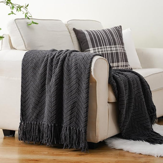 BATTILO HOME Dark Grey Throw Blanket for Couch, Knit Charcoal Throw Blanket Versatile for Chair, 60 x 80 Inch - Super Soft Warm Grey Blanket with Tassels for Bed, Sofa and Living Room
