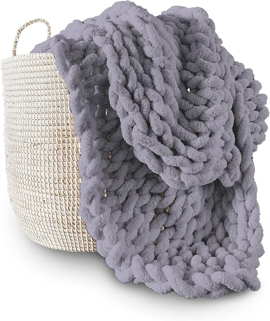 Adyrescia Chunky Knit Blanket Throw | 100% Hand Knit with Jumbo Chenille Yarn (30"x40", Lilac Gray)